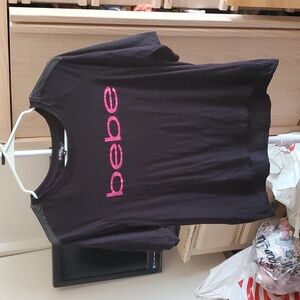 Bebe Sport Black Pink Foil Logo Blouse Size M